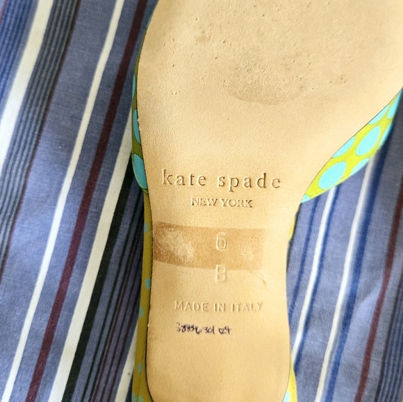 Kate Spade ◇ Green/ Turquoise polka dot kitten heel mules Sz 6 Made Italy - Picture 7 of 10